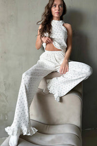 Willluxe® Heart Print Sleeveless Knit Lounge Set with Ruffle Pants