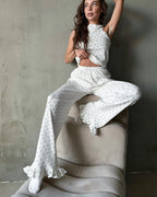 Willluxe® Heart Print Sleeveless Knit Lounge Set with Ruffle Pants