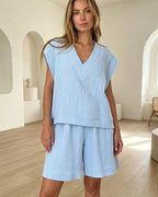 Willluxe® Muslin V-Neck Relaxed Short Set
