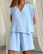 Willluxe® Muslin V-Neck Relaxed Short Set