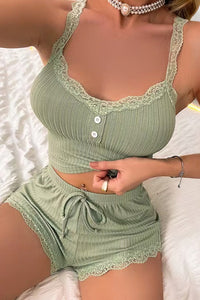 Willluxe® Ribbed Lace Trim Cami & Shorts Lounge Set