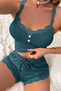 Willluxe® Ribbed Lace Trim Cami & Shorts Lounge Set
