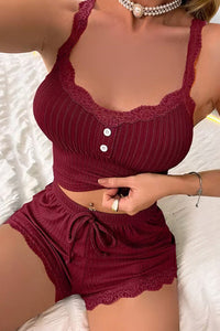 Willluxe® Ribbed Lace Trim Cami & Shorts Lounge Set