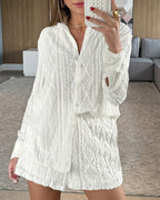 Willluxe® Textured Jacquard Long Sleeve & Shorts Lounge Set