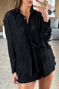 Willluxe® Textured Jacquard Long Sleeve & Shorts Lounge Set