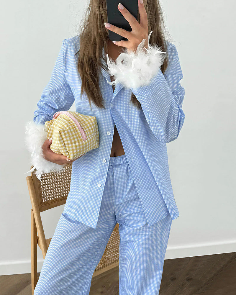 Willluxe® Feather Trim Gingham Long Sleeve Pajama Set