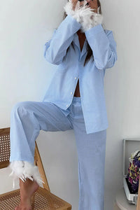 Willluxe® Feather Trim Gingham Long Sleeve Pajama Set