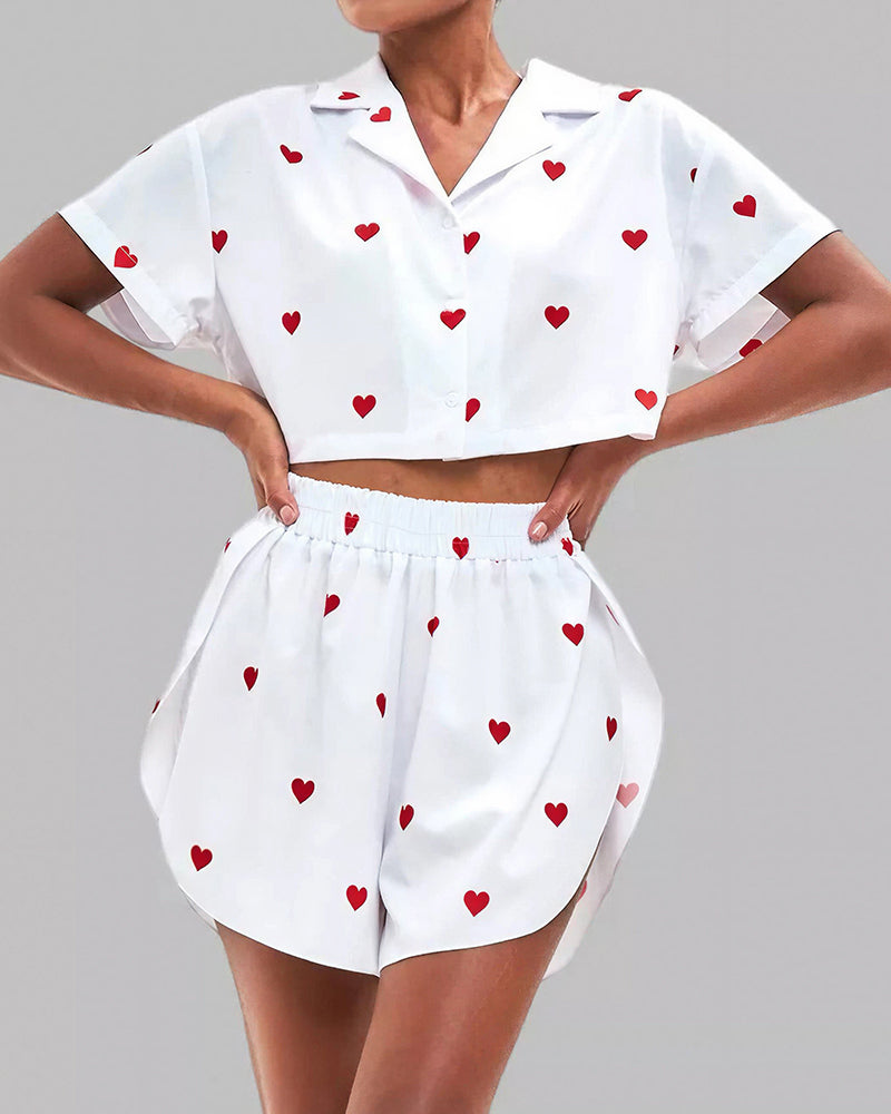 Willluxe® Sweetheart Cropped Pajama Set - Heart Print Loungewear