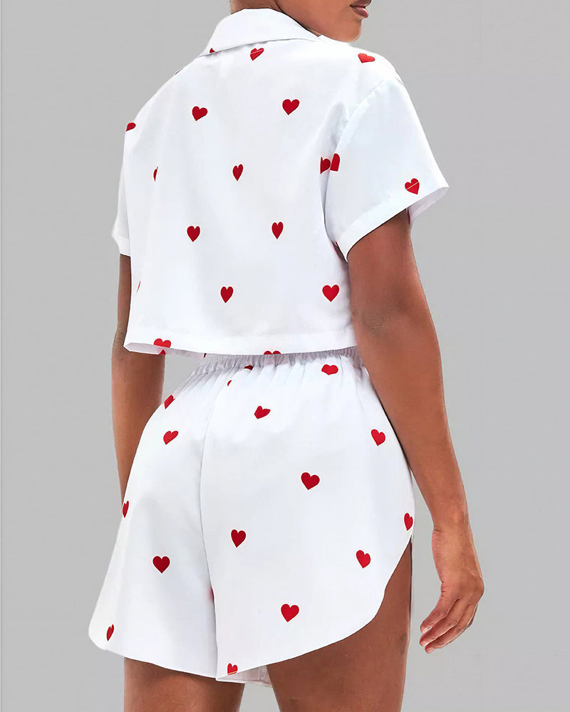 Willluxe® Sweetheart Cropped Pajama Set - Heart Print Loungewear