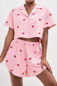 Willluxe® Sweetheart Cropped Pajama Set - Heart Print Loungewear
