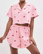 Willluxe® Sweetheart Cropped Pajama Set - Heart Print Loungewear