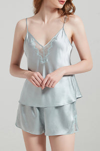 Willluxe® Pure Mulberry Silk V-Neck Lace Cami & Shorts Sleepwear Set