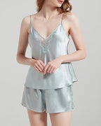 Willluxe® Pure Mulberry Silk V-Neck Lace Cami & Shorts Sleepwear Set