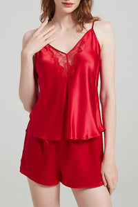 Willluxe® Pure Mulberry Silk V-Neck Lace Cami & Shorts Sleepwear Set