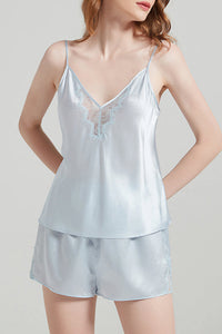 Willluxe® Pure Mulberry Silk V-Neck Lace Cami & Shorts Sleepwear Set