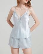 Willluxe® Pure Mulberry Silk V-Neck Lace Cami & Shorts Sleepwear Set