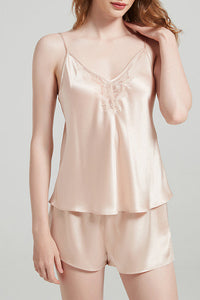 Willluxe® Pure Mulberry Silk V-Neck Lace Cami & Shorts Sleepwear Set