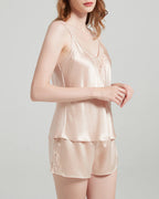 Willluxe® Pure Mulberry Silk V-Neck Lace Cami & Shorts Sleepwear Set