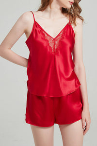 Willluxe® Pure Mulberry Silk V-Neck Lace Cami & Shorts Sleepwear Set