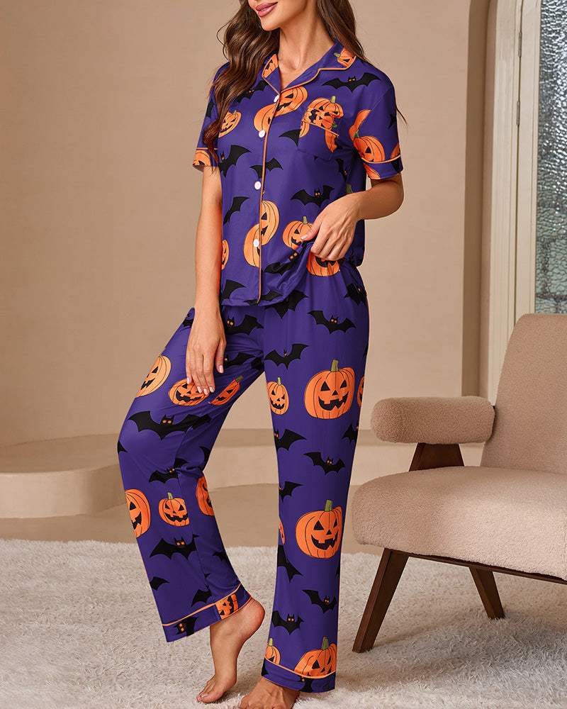 Willluxe® Halloween Pumpkin & Bat Print Loungewear Set