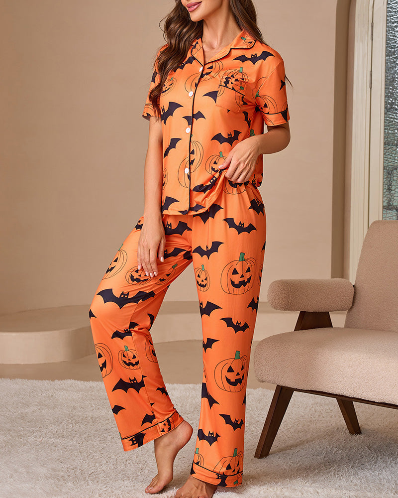 Willluxe® Halloween Pumpkin & Bat Print Loungewear Set
