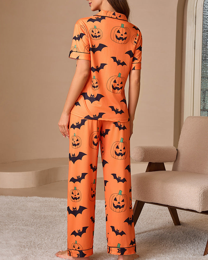 Willluxe® Halloween Pumpkin & Bat Print Loungewear Set
