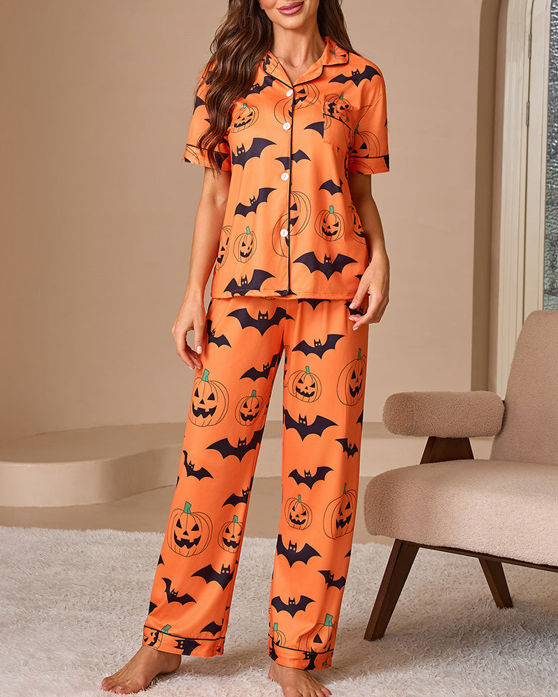 Willluxe® Halloween Pumpkin & Bat Print Loungewear Set