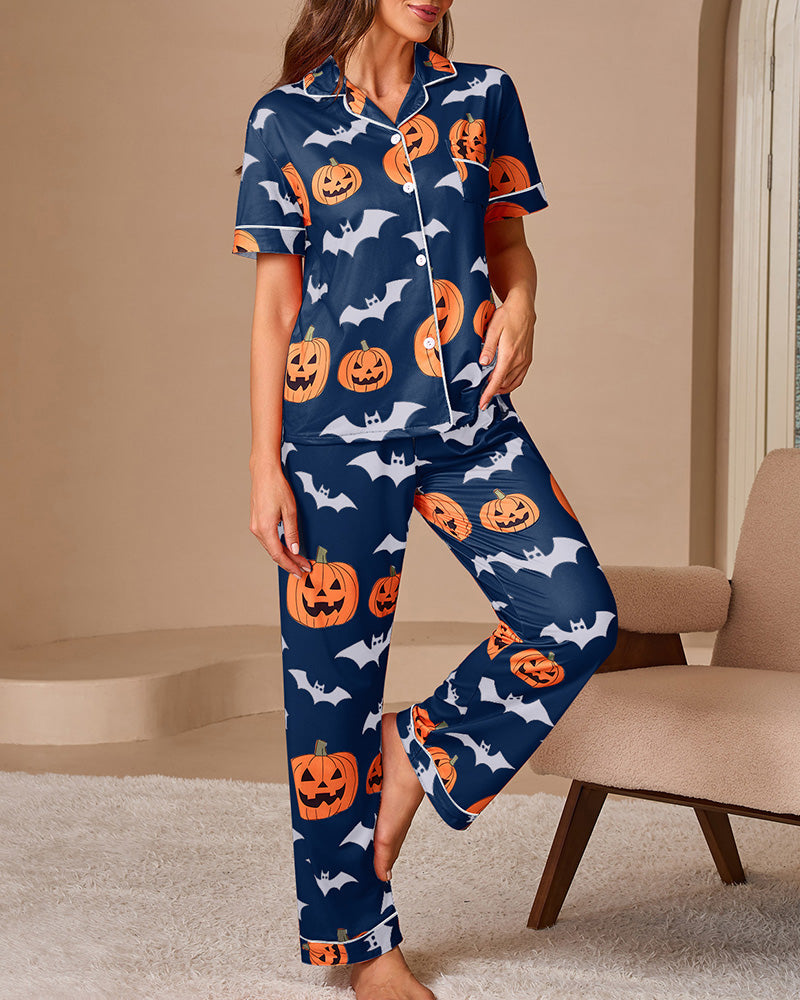 Willluxe® Halloween Pumpkin & Bat Print Loungewear Set