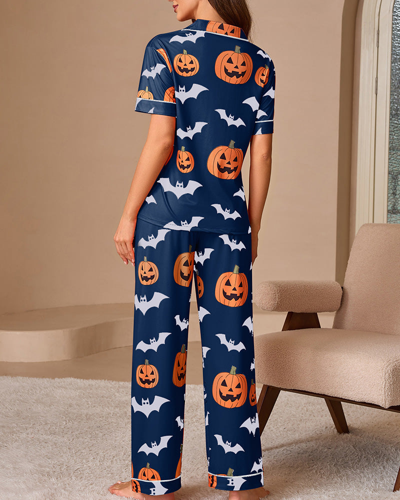 Willluxe® Halloween Pumpkin & Bat Print Loungewear Set