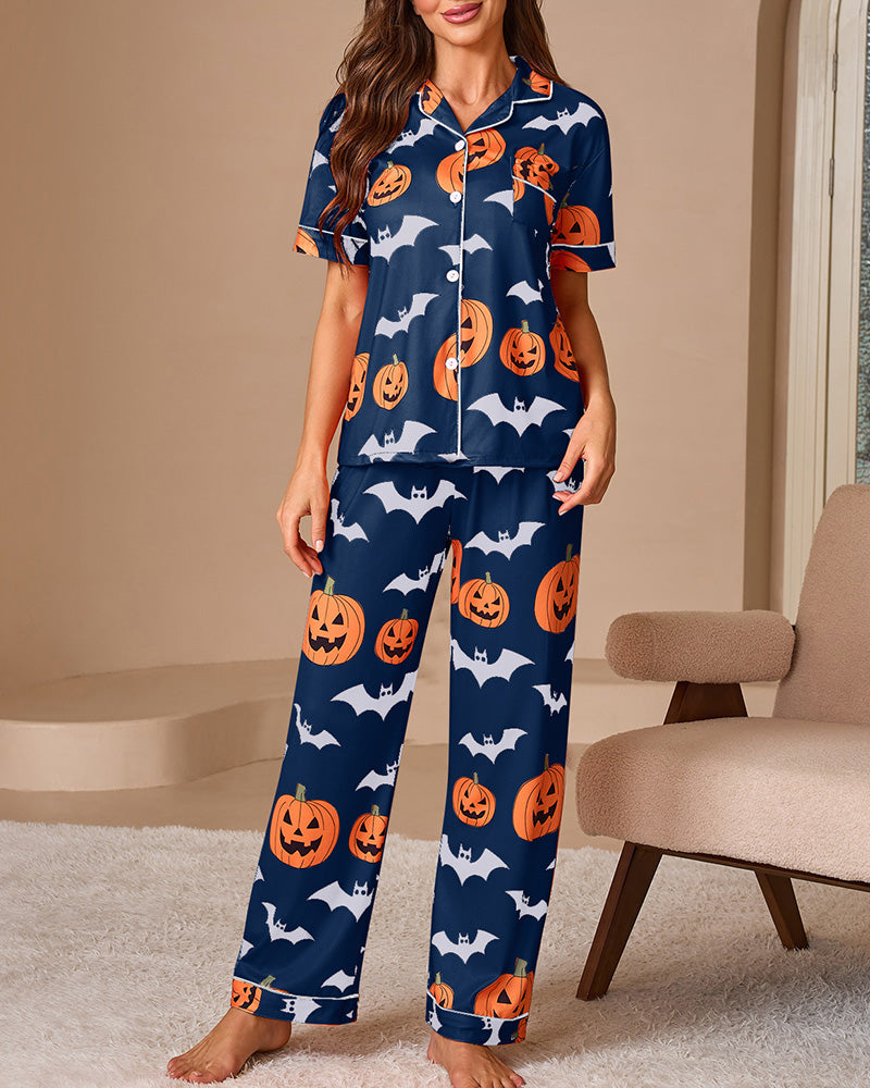 Willluxe® Halloween Pumpkin & Bat Print Loungewear Set