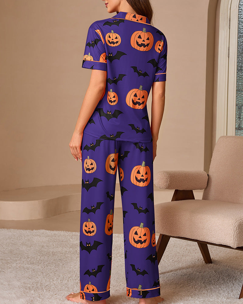 Willluxe® Halloween Pumpkin & Bat Print Loungewear Set
