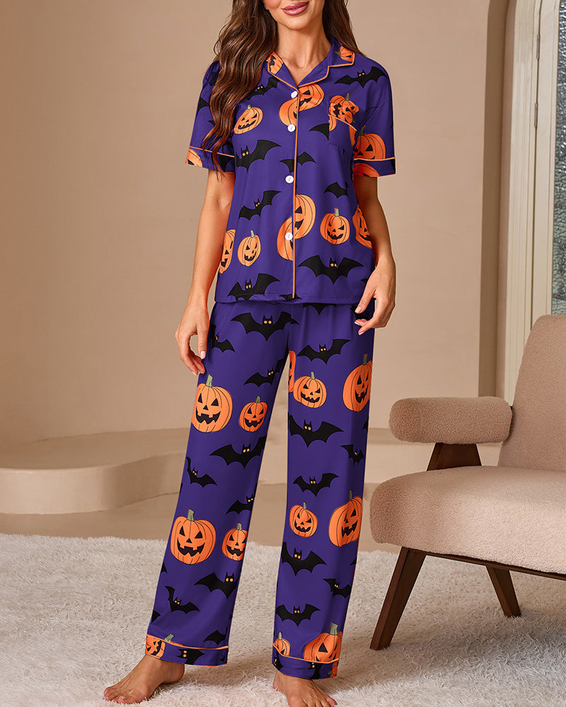 Willluxe® Halloween Pumpkin & Bat Print Loungewear Set