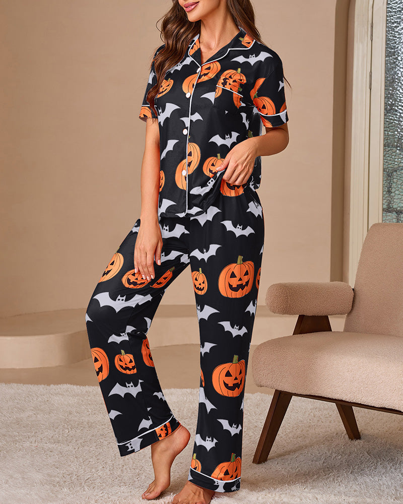 Willluxe® Halloween Pumpkin & Bat Print Loungewear Set