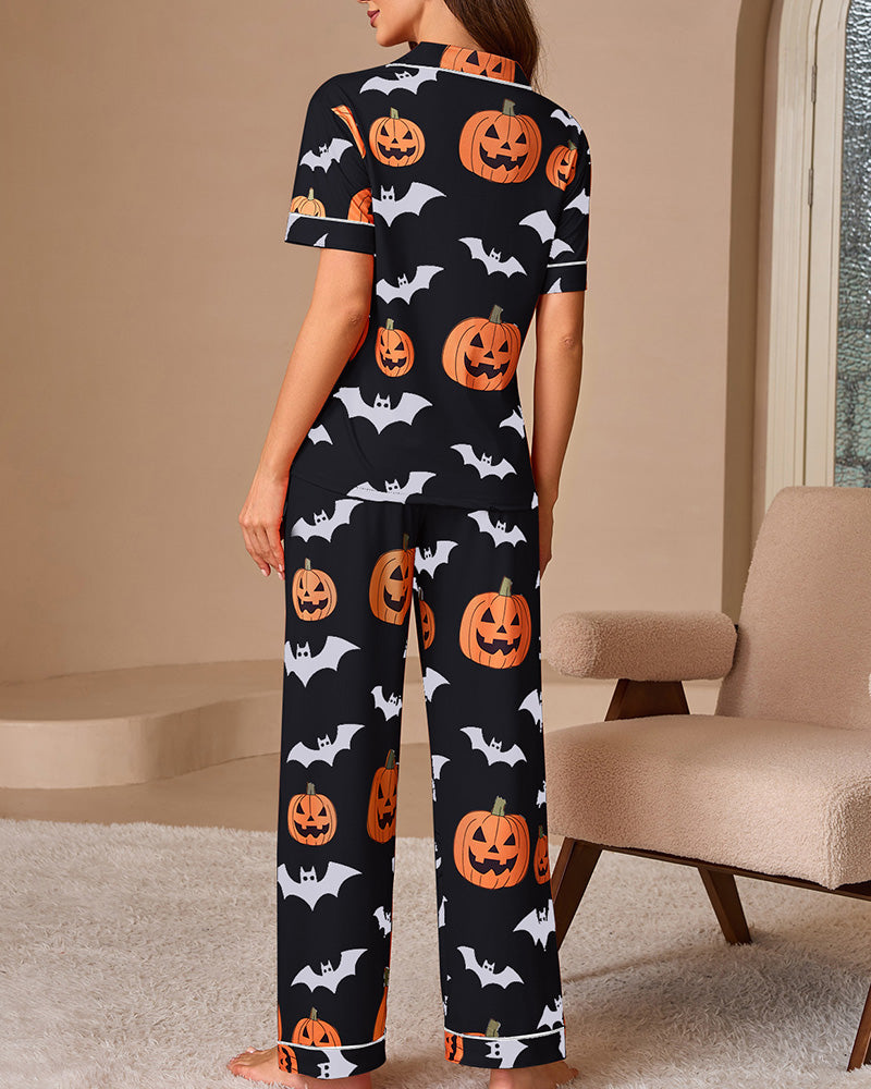 Willluxe® Halloween Pumpkin & Bat Print Loungewear Set