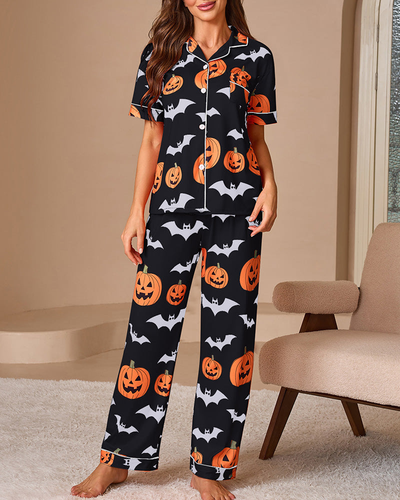 Willluxe® Halloween Pumpkin & Bat Print Loungewear Set
