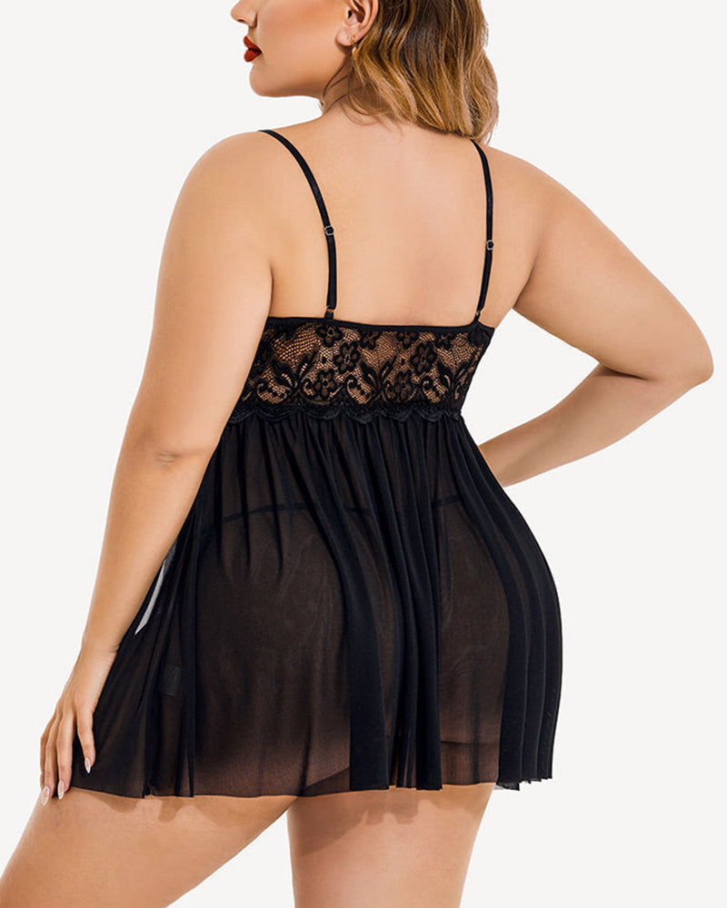 Willluxe® Romantic Lace & Sheer Mesh Babydoll Lingerie Set