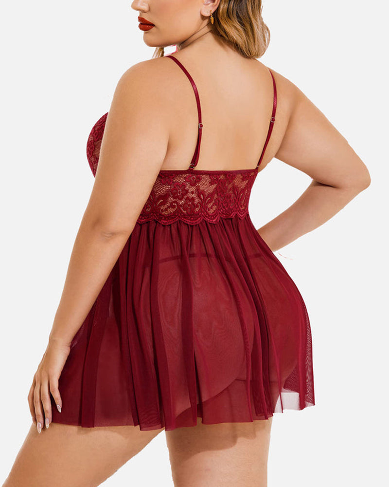 Willluxe® Romantic Lace & Sheer Mesh Babydoll Lingerie Set