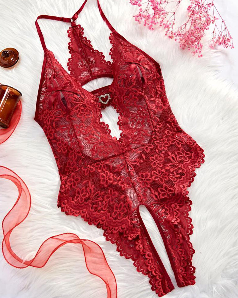 Willluxe® Deep-V Floral Lace Crotchless Bodysuit Lingerie