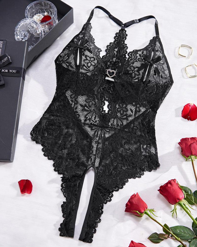 Willluxe® Deep-V Floral Lace Crotchless Bodysuit Lingerie