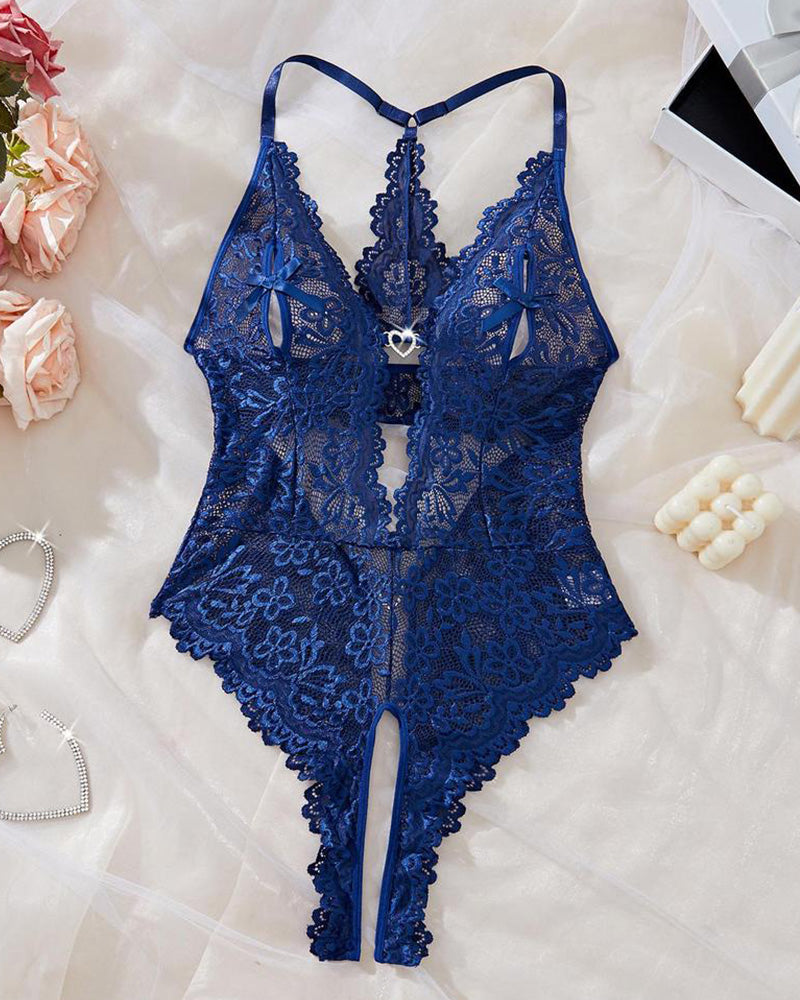 Willluxe® Deep-V Floral Lace Crotchless Bodysuit Lingerie