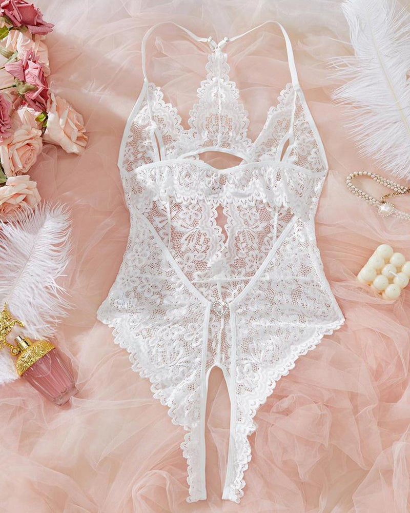Willluxe® Deep-V Floral Lace Crotchless Bodysuit Lingerie