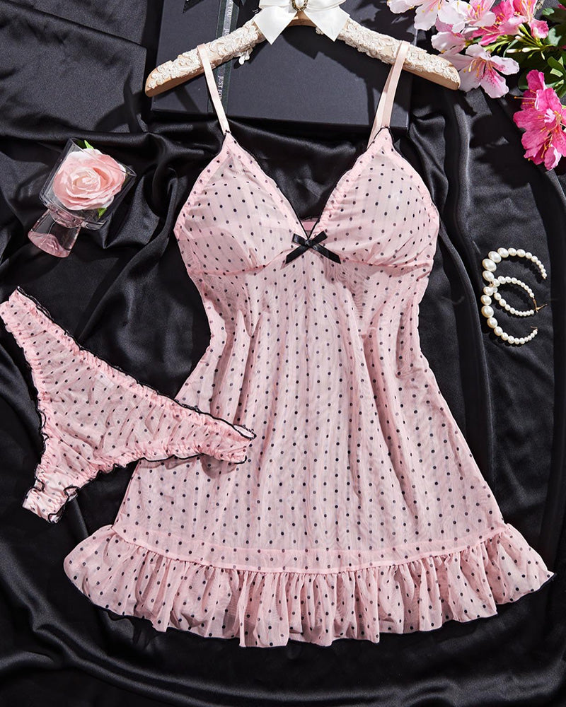 Willluxe® Sheer Polka Dot Babydoll Lingerie Set