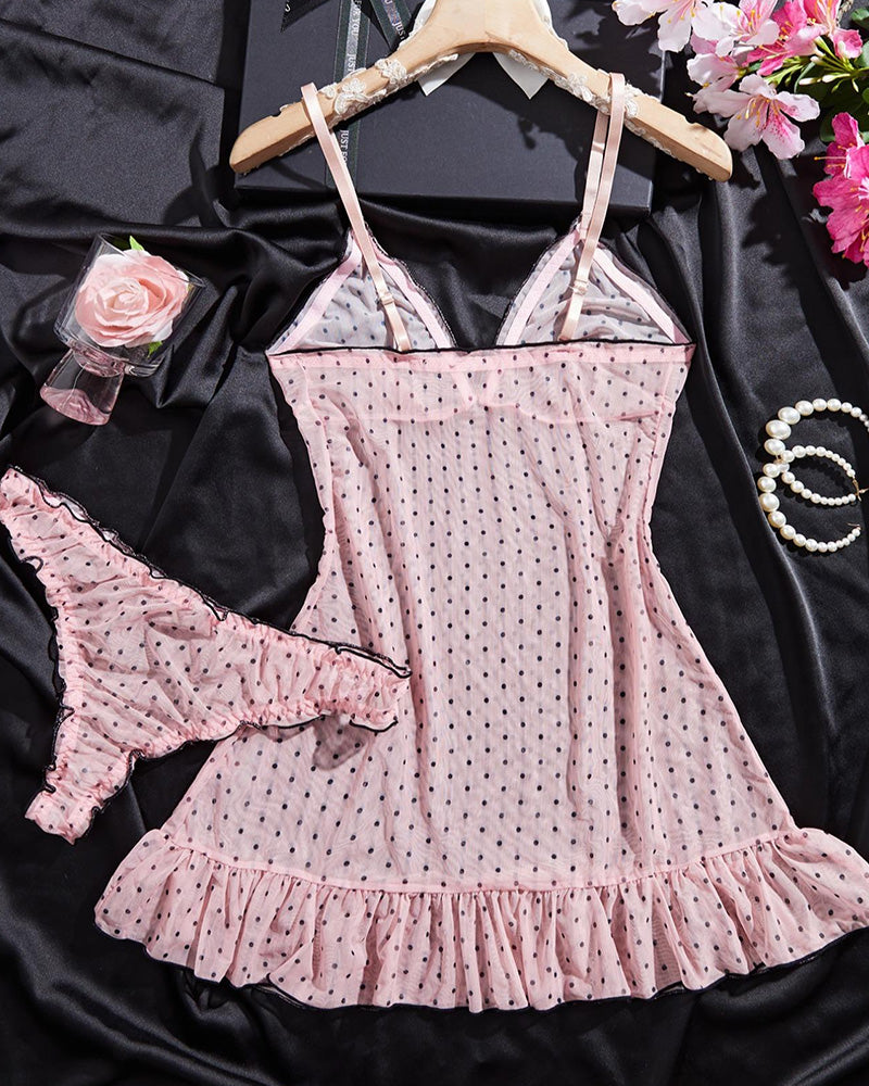 Willluxe® Sheer Polka Dot Babydoll Lingerie Set
