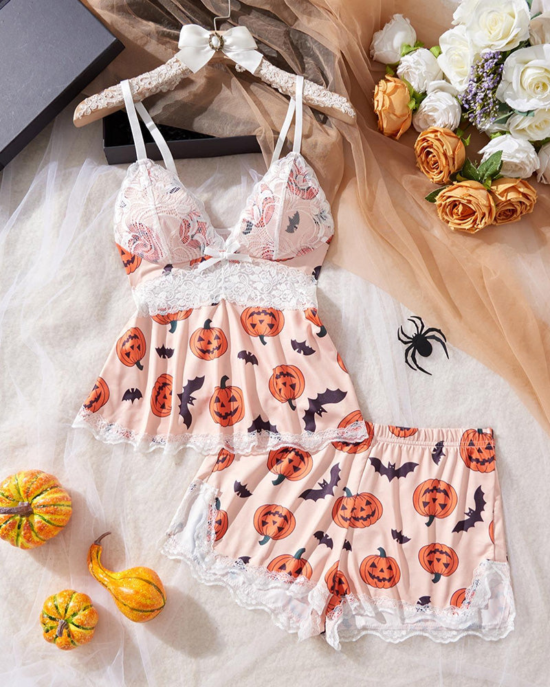 Willluxe® Halloween Sweet Lace Trim Pajama Set