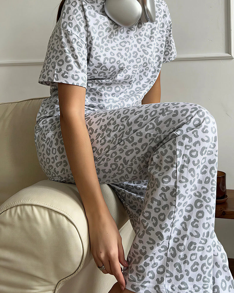 Willluxe® Leopard Print Short Sleeve Pajama Set Casual Loungewear