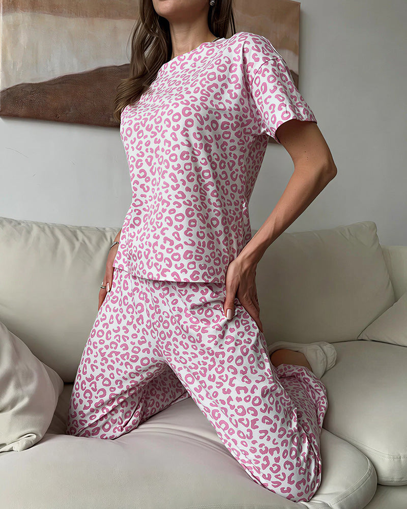Willluxe® Leopard Print Short Sleeve Pajama Set Casual Loungewear
