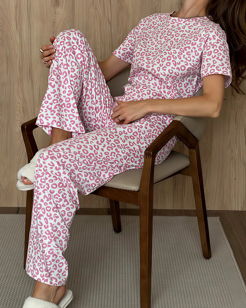 Willluxe® Leopard Print Short Sleeve Pajama Set Casual Loungewear