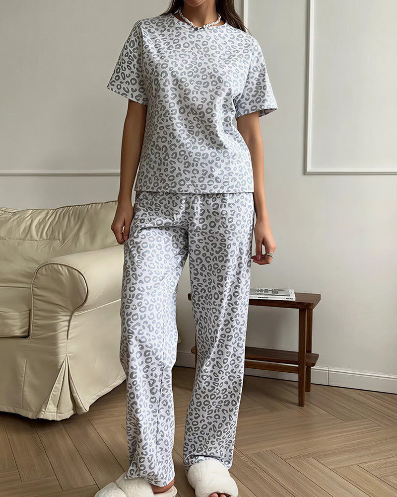 Willluxe® Leopard Print Short Sleeve Pajama Set Casual Loungewear