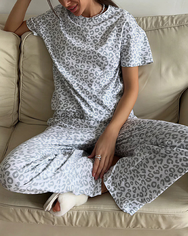 Willluxe® Leopard Print Short Sleeve Pajama Set Casual Loungewear