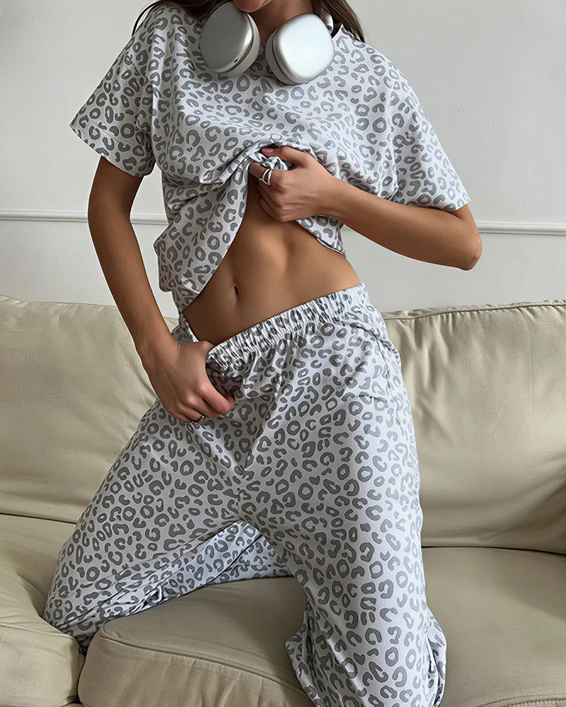 Willluxe® Leopard Print Short Sleeve Pajama Set Casual Loungewear
